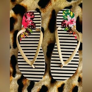 Striped Flowered Flip Flop Sandals